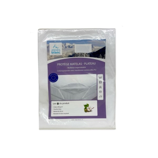 protège matelas imperméable forme plateau (élastique se plaçant sous les quatre coins du matelas) Alpes Blanc