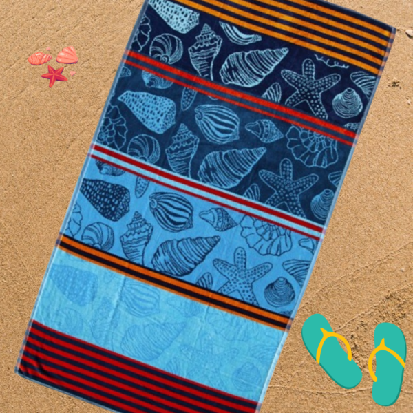 Serviette de plage coquillages bleue & rouge - ambiance