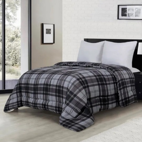 Couette microfibre 600g Gris et nuit rayée image d'ambiance