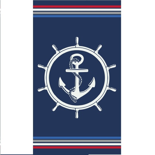 Serviette de plage bleu et blanche sur fond bleu marine 100% coton tisssage jacquard 90x170cm