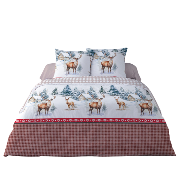 Housse de couette 100% de flanelle 220x240cm + 2 taies d'oreiller 65x65cm, style montagne sur fond blanc