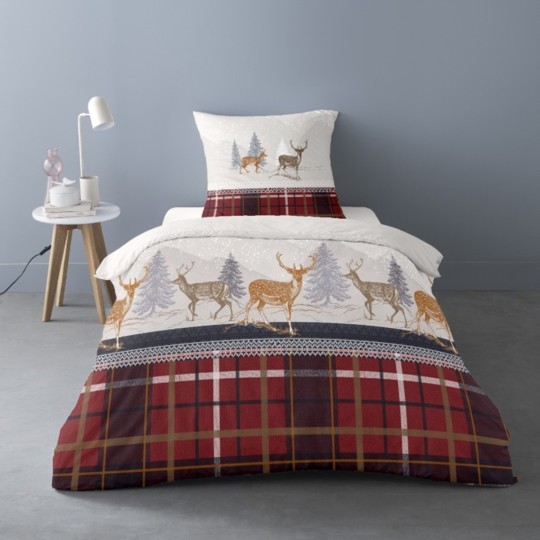 Housse de couette Formigal flanelle 140x200 cm esprit montagne, sur un lit visuel d'ambiance