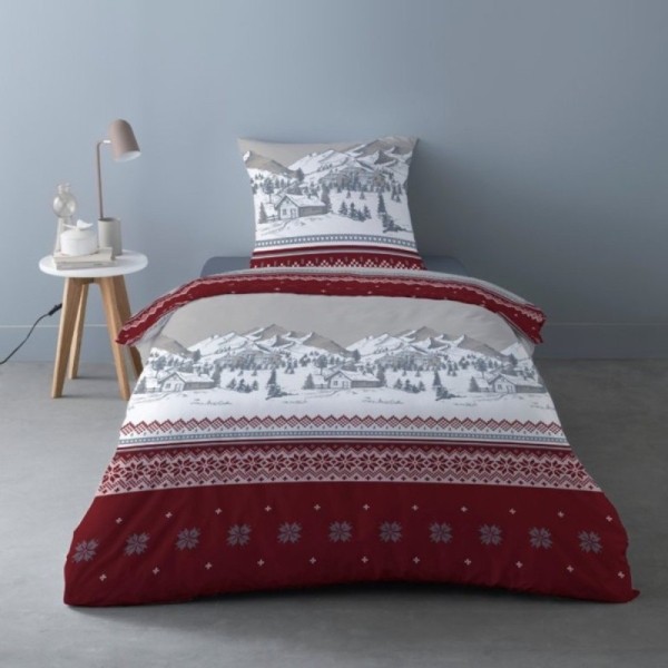 Housse de couette Flanelle 1 place Navacerrada, dessin chalets et montagnes royge et gris