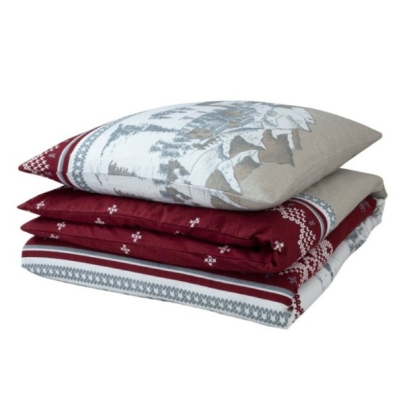 Housse de couette Flanelle 1 place Navacerrada, dessin chalets et montagnes royge et gris + taie assortie