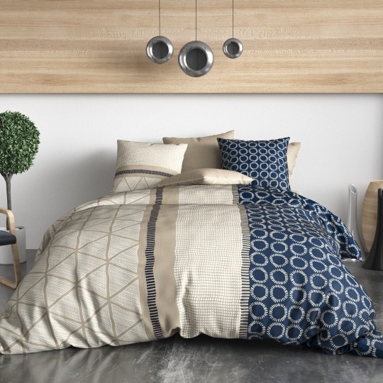 Housse de couette 260x240 Narirobi 100% coton, inspiration kenyane bleu et sable