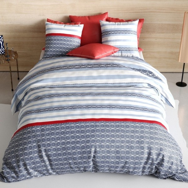 Housse de couette 260x240 cm SANTORINI 100% coton 57 fils + taies - Parure bleue et rouge esprit bord de mer - Finition boutons