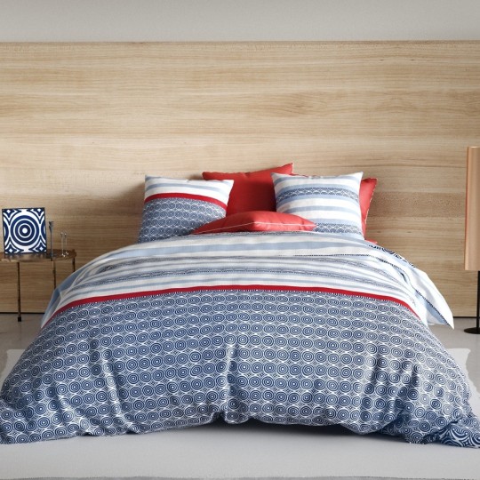 Housse de couette 260x240 cm SANTORINI 100% coton 57 fils + taies - Parure bleue et rouge esprit bord de mer - Finition boutons