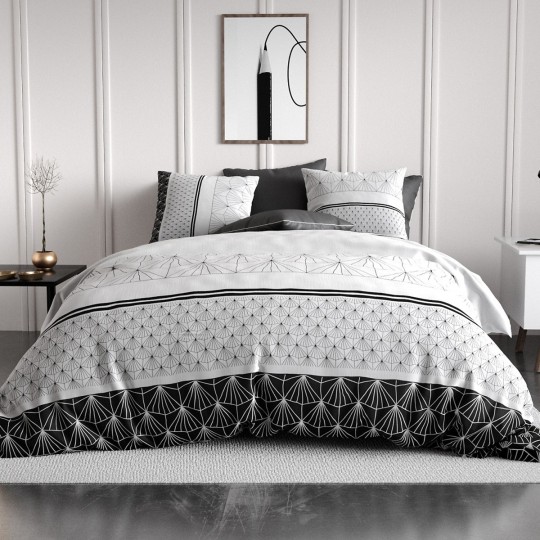 Housse de couette Casta 240x220 cm motifs géométriques minimalistes noirs et blancs en pur coton 57 fils certifié OEKO-TEX.