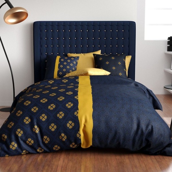 Housse de couette 260x240 cm NIL + taies - Parure asymétrique bleu nuit et or pur coton 57 fils - Finition boutons - Oeko-Tex