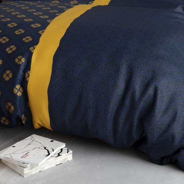 Housse de couette 260x240 cm NIL + taies - Parure asymétrique bleu nuit et or pur coton 57 fils - Finition boutons - Oeko-Tex