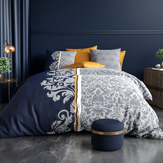 Housse de couette Arabesque 260x240 cm bleu marine, gris perle et safran. Motifs baroques orientaux, 100% coton.
