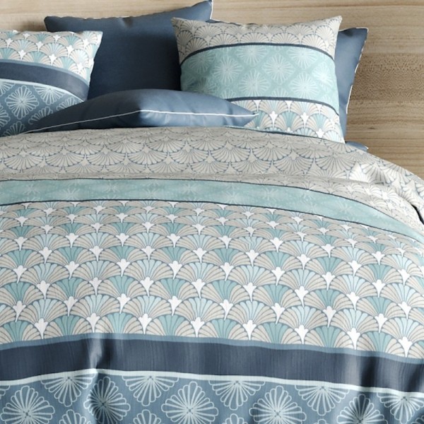 Housse de couette Zircon 260x240 motifs éventails bleu canard et gris Art Déco en coton.