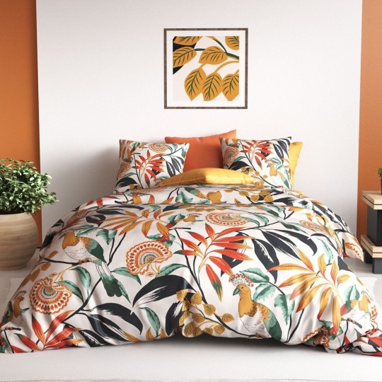 Housse de couette 2220x240 cm Ninon ambiance tropicale - Motifs oiseaux et fleurs colorés - 100% coton - 2 taies incluses