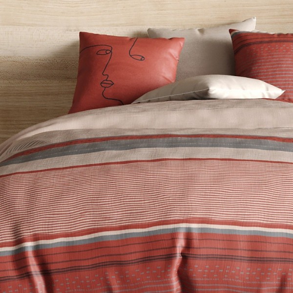 Housse de couette HANA 100% coton percale 71 fils + 2 taies - Rayures terracotta et sable - Style bohème chic - Oeko-Tex