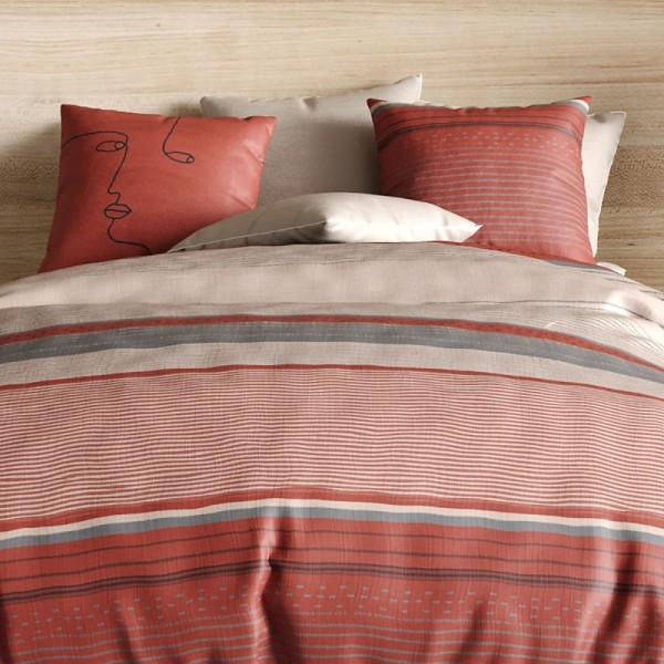 Housse de couette HANA 100% coton percale 71 fils + 2 taies - Rayures terracotta et sable - Style bohème chic - Oeko-Tex
