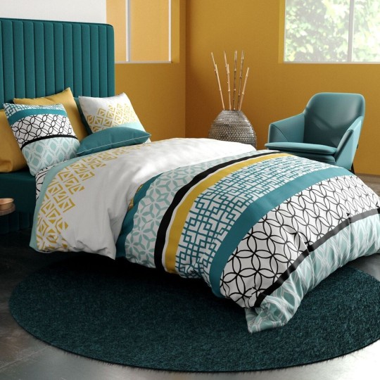 Housse de couette Citedor format 260x240 motifs cercles noirs et losanges turquoises pour grand lit double.