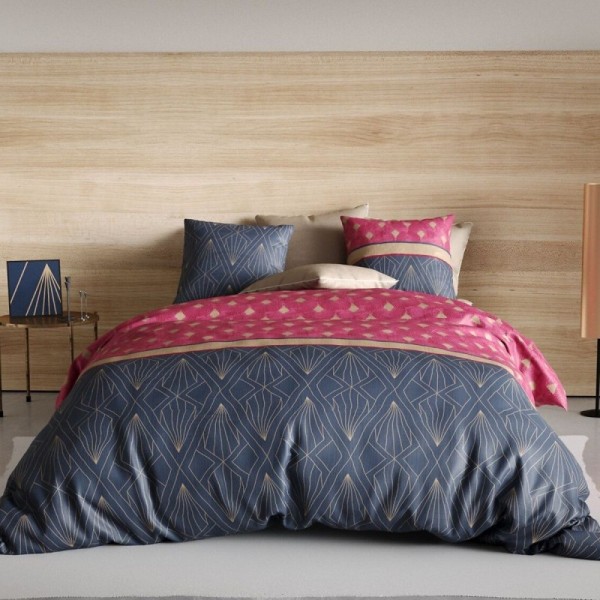 Housse de couette 220x240 Lily avec motifs géométriques fuchsia, violet et sable en pur coton 57 fils.