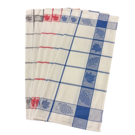 Lot de 6 torchons à carreaux bleu, rouge, gris et à motif vfeuille de vigne, visuel sur fond blanc, 6 étalés