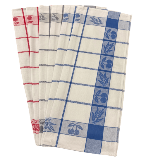 Lot de 6 torchons à carreaux motifs cerises rouge, bleu, gris 100% coton tissage jacquard, 50x70cm