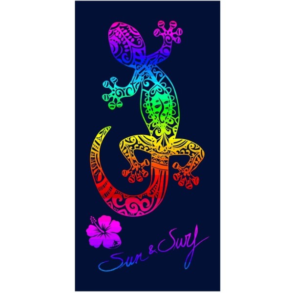 Serviette de plage lézard multicolore sur fond bleu, en 100% coton tissage jacquard 90x70cm