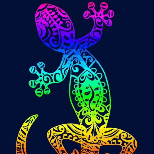 Serviette de plage lézard multicolore sur fond bleu, zoom sur les motif